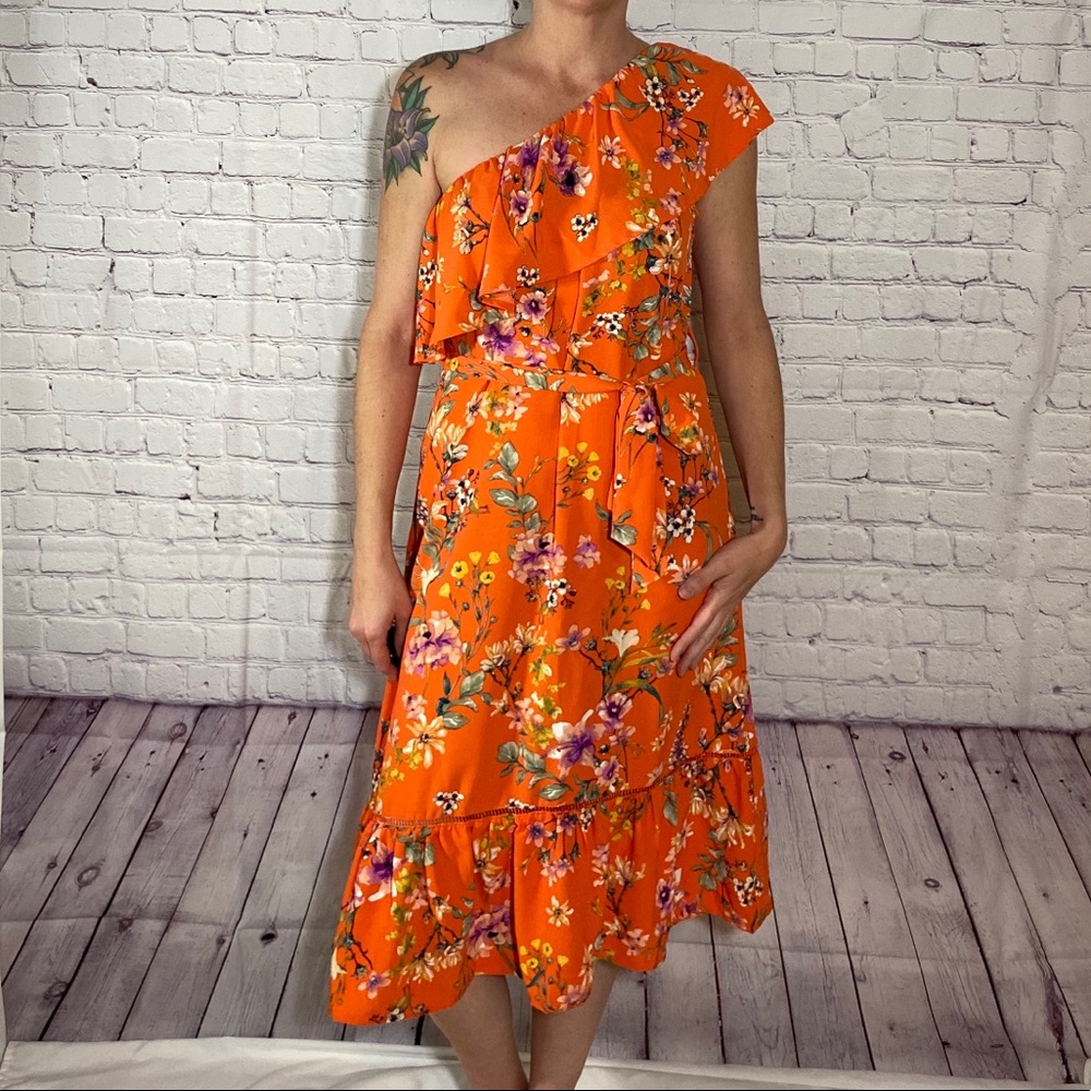 Orange floral ruffle top one shoulder dress